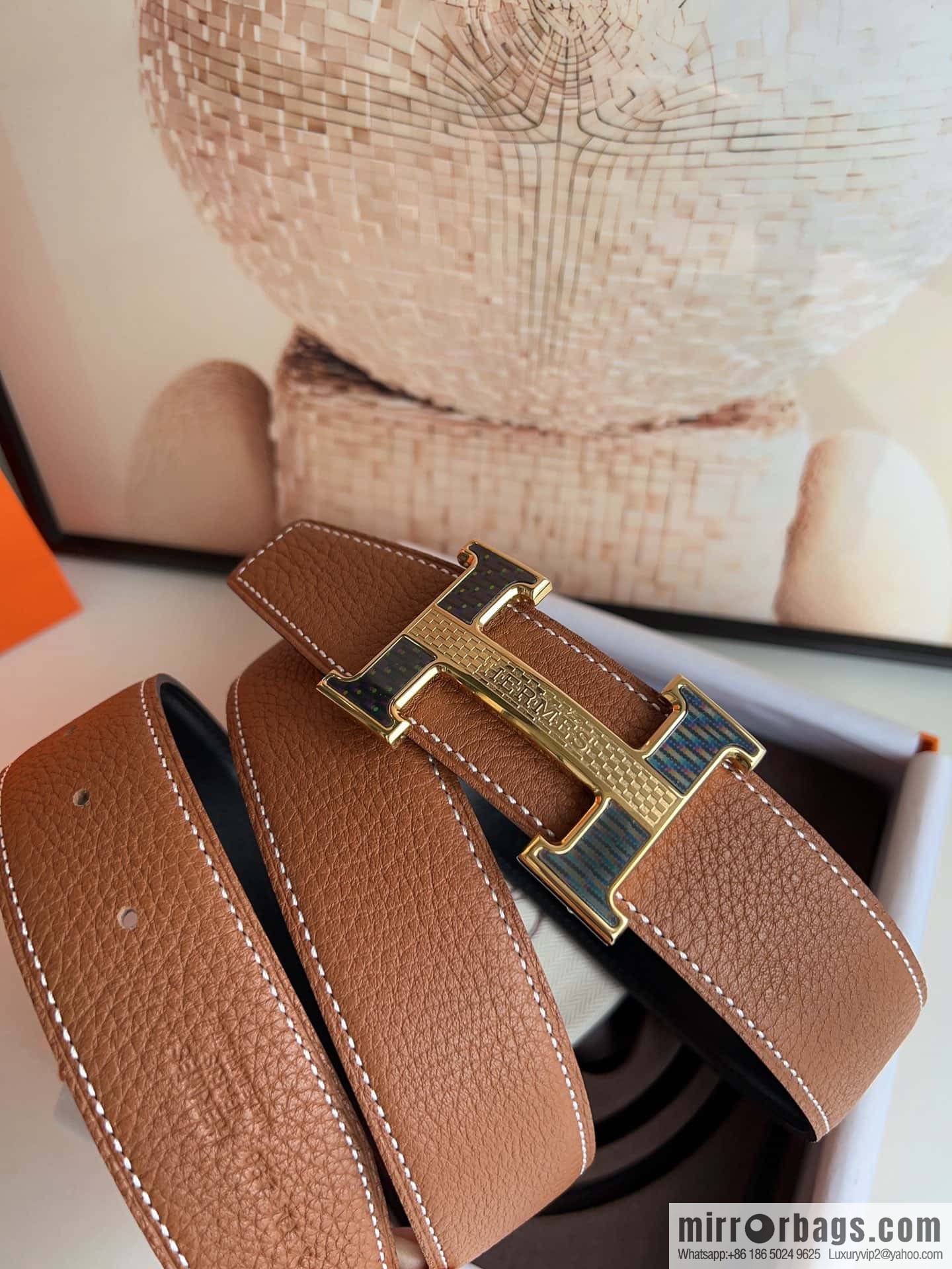 HERMES, stainless steel fiber sheet buckle, double-sided original leather lychee pattern belt 3.8cm