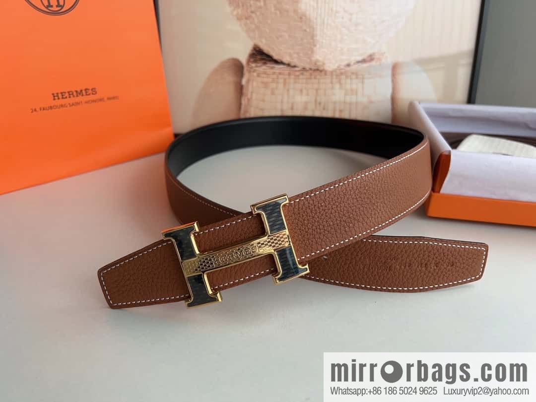 HERMES, stainless steel fiber sheet buckle, double-sided original leather lychee pattern belt 3.8cm