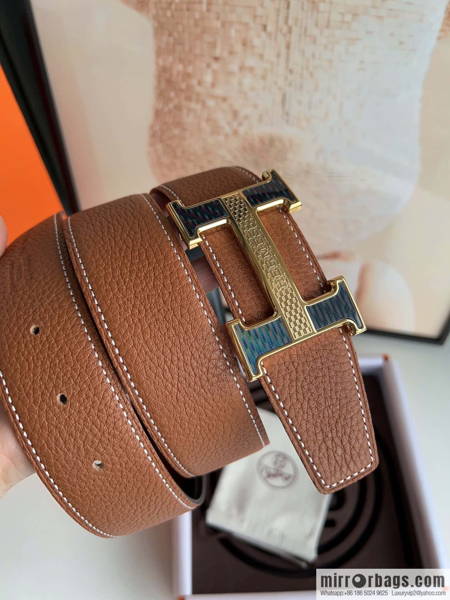 HERMES, stainless steel fiber sheet buckle, double-sided original leather lychee pattern belt 3.8cm