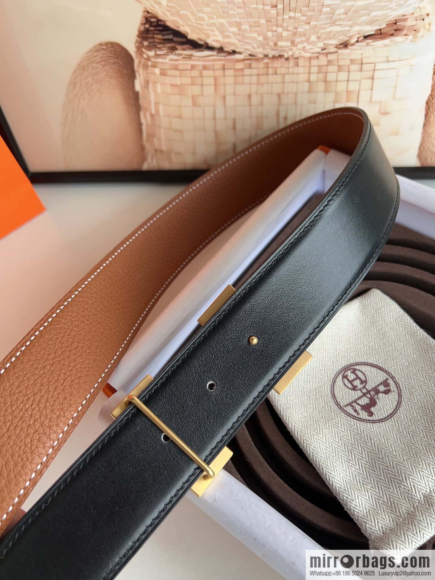 HERMES, stainless steel fiber sheet buckle, double-sided original leather lychee pattern belt 3.8cm