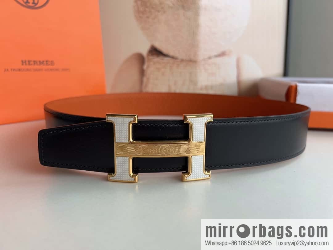 HERMES, stainless steel fiber sheet buckle, double-sided original leather lychee pattern belt 3.8cm