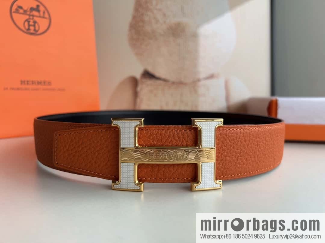 HERMES, stainless steel fiber sheet buckle, double-sided original leather lychee pattern belt 3.8cm