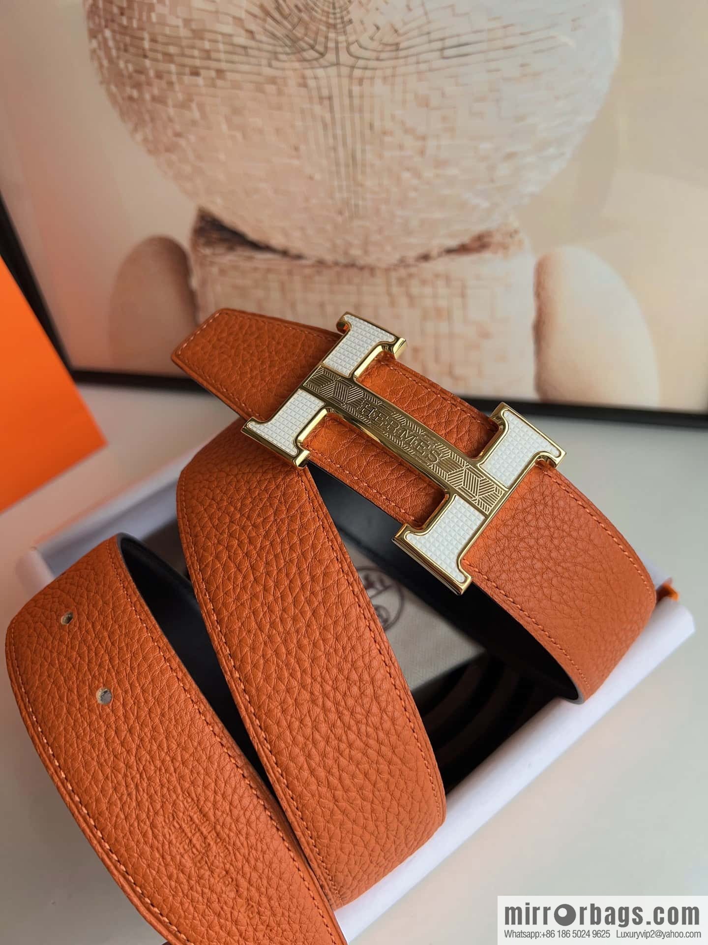 HERMES, stainless steel fiber sheet buckle, double-sided original leather lychee pattern belt 3.8cm