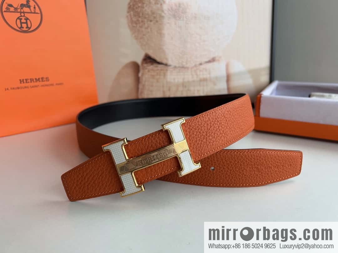 HERMES, stainless steel fiber sheet buckle, double-sided original leather lychee pattern belt 3.8cm