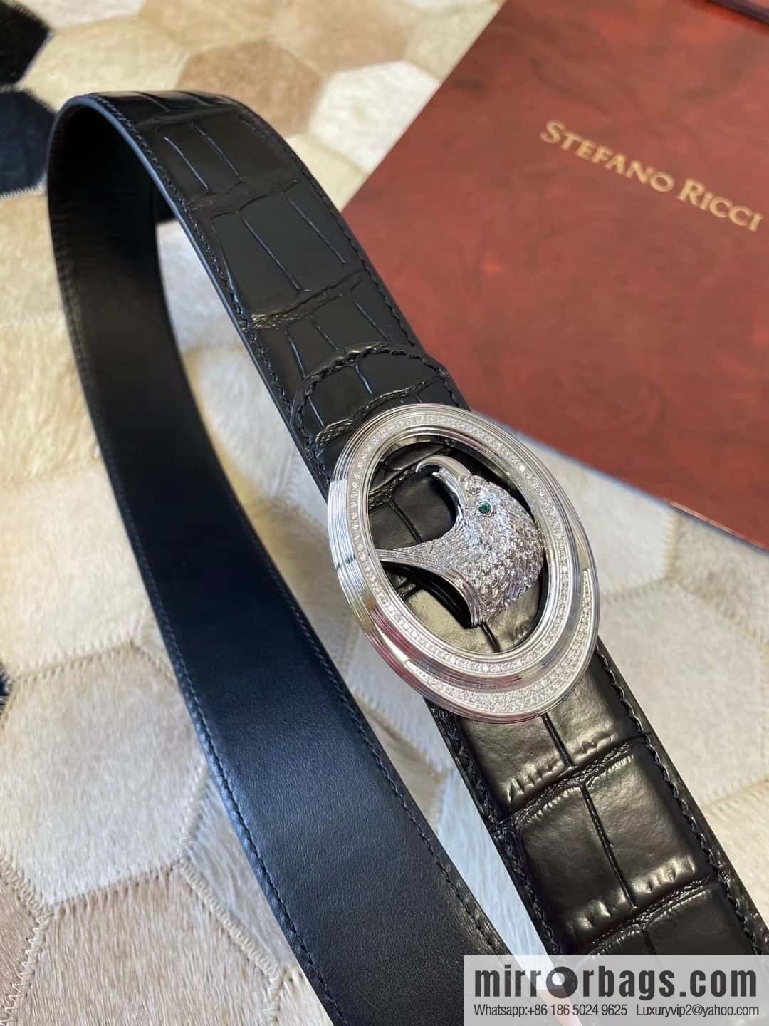 Stefano Ricci Stephen, Stainless Steel Eagle Head with Diamond Buckle 3.8cm Alligator Belt