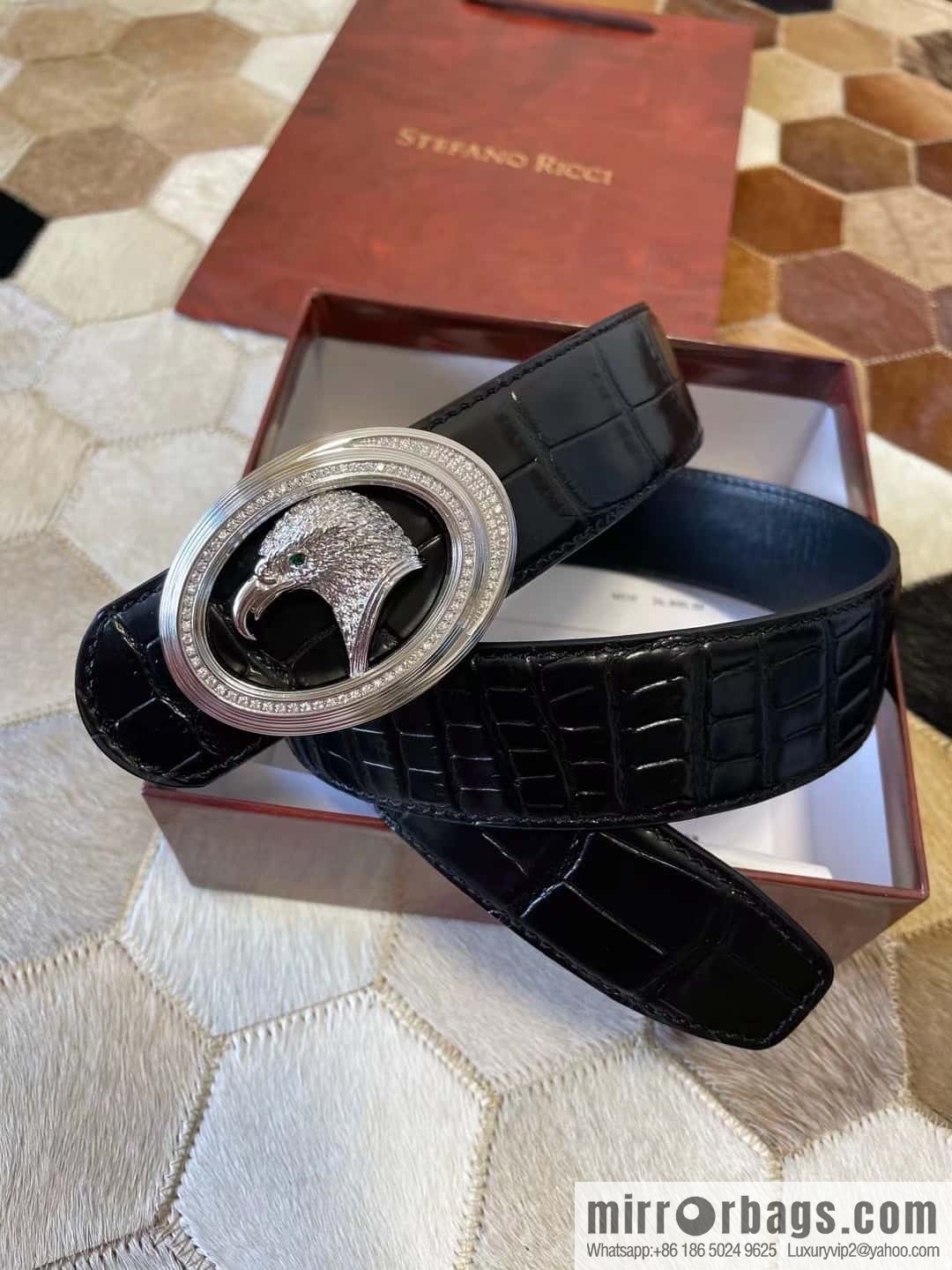 Stefano Ricci Stephen, Stainless Steel Eagle Head with Diamond Buckle 3.8cm Alligator Belt