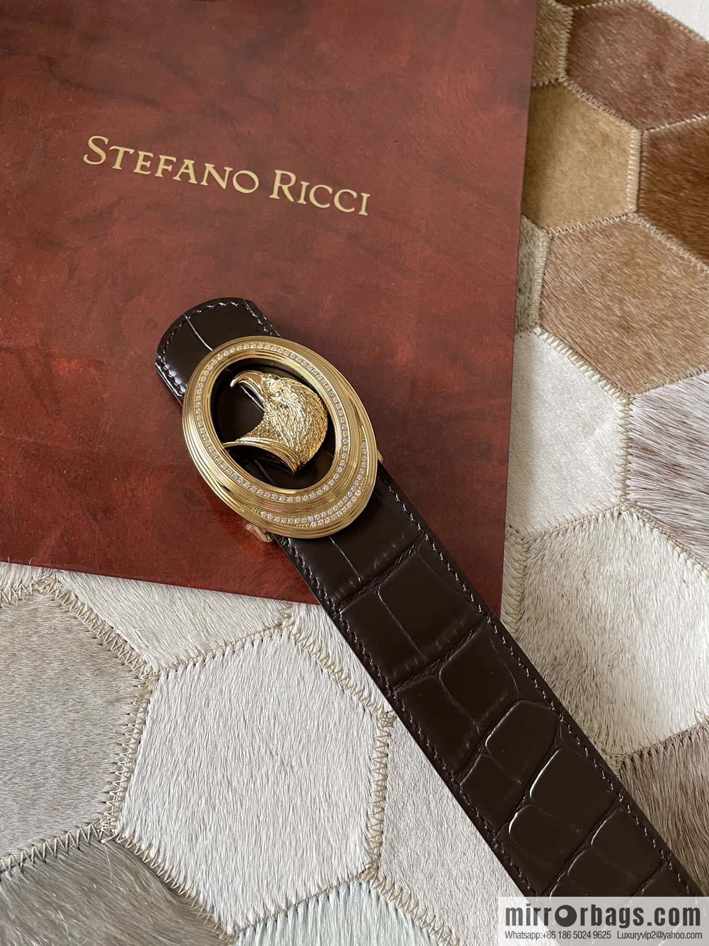 Stefano Ricci Stephen, Stainless Steel Eagle Head with Diamond Buckle 3.8cm Alligator Belt