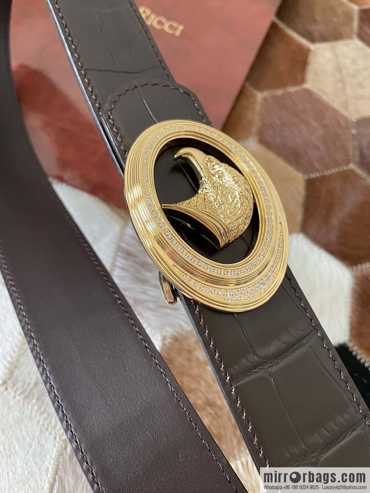 Stefano Ricci Stephen, Stainless Steel Eagle Head with Diamond Buckle 3.8cm Alligator Belt