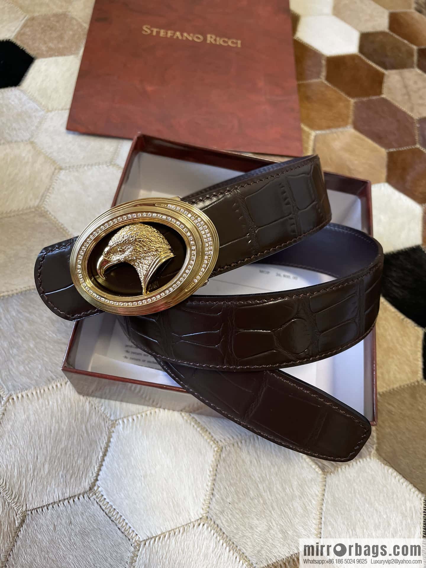Stefano Ricci Stephen, Stainless Steel Eagle Head with Diamond Buckle 3.8cm Alligator Belt