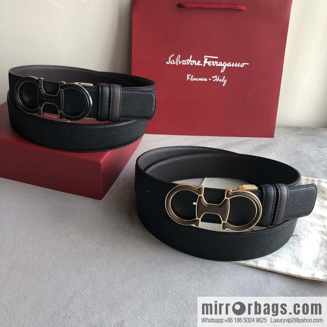 Ferragamo Ferragamo, double-loop acrylic metal buckle, cross-textured double-sided belt 3.5cm