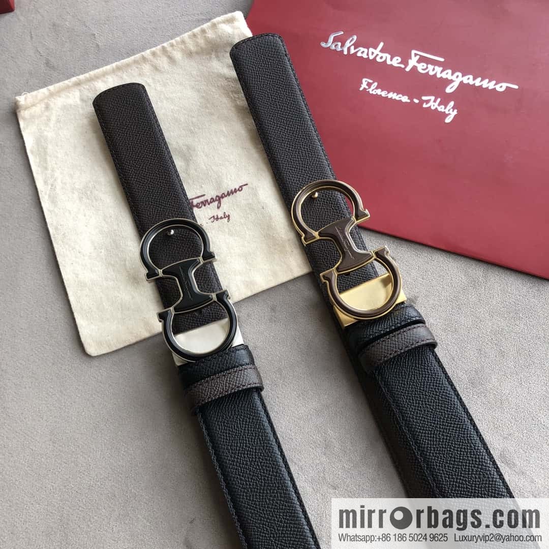 Ferragamo Ferragamo, double-loop acrylic metal buckle, cross-textured double-sided belt 3.5cm