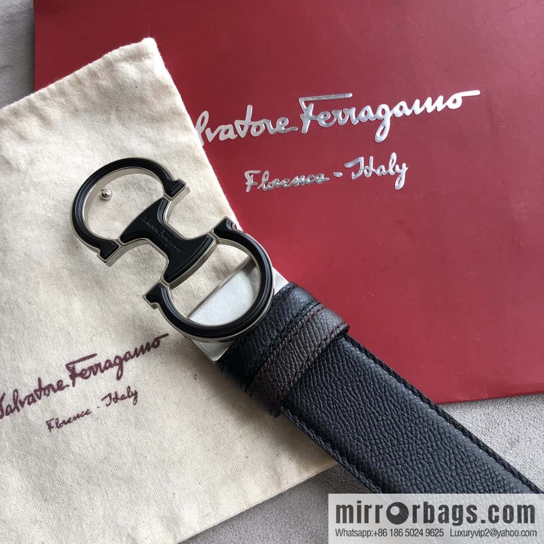 Ferragamo Ferragamo, double-loop acrylic metal buckle, cross-textured double-sided belt 3.5cm
