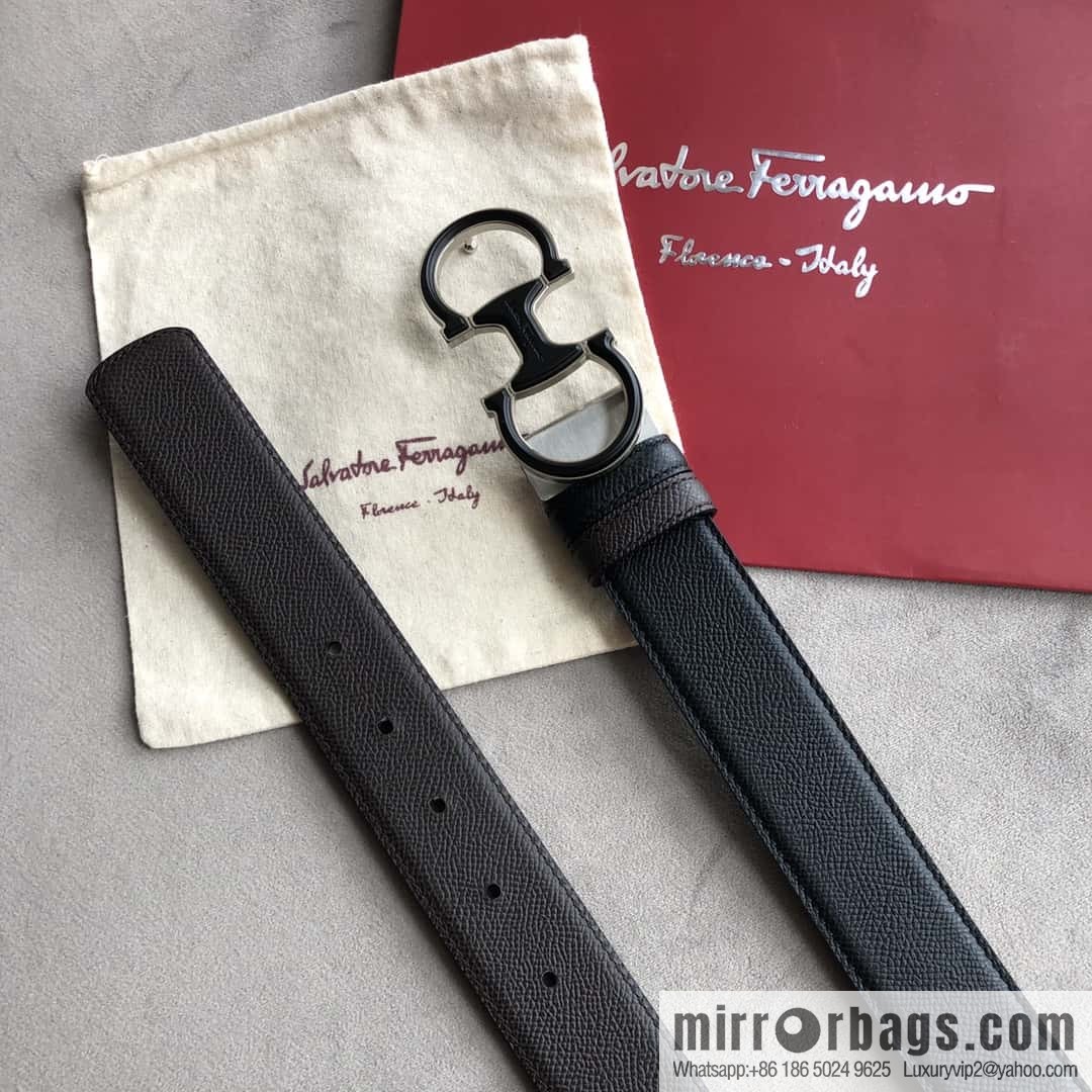 Ferragamo Ferragamo, double-loop acrylic metal buckle, cross-textured double-sided belt 3.5cm
