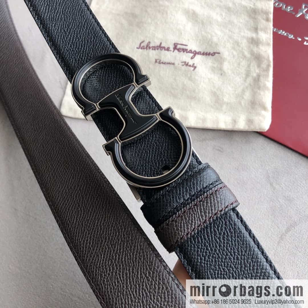 Ferragamo Ferragamo, double-loop acrylic metal buckle, cross-textured double-sided belt 3.5cm