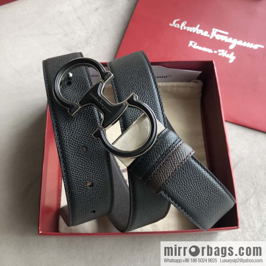 Ferragamo Ferragamo, double-loop acrylic metal buckle, cross-textured double-sided belt 3.5cm