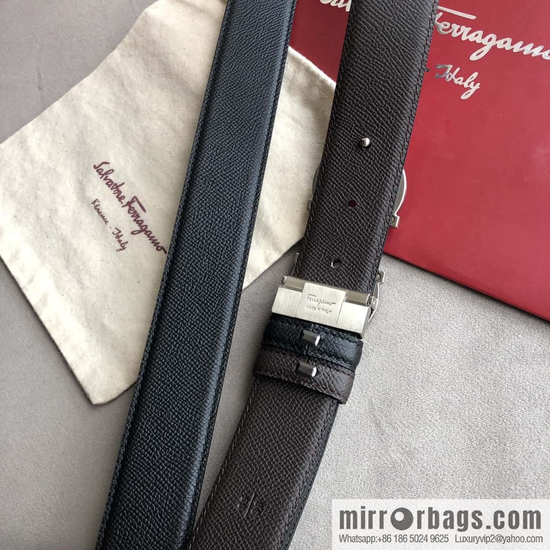 Ferragamo Ferragamo, double-loop acrylic metal buckle, cross-textured double-sided belt 3.5cm