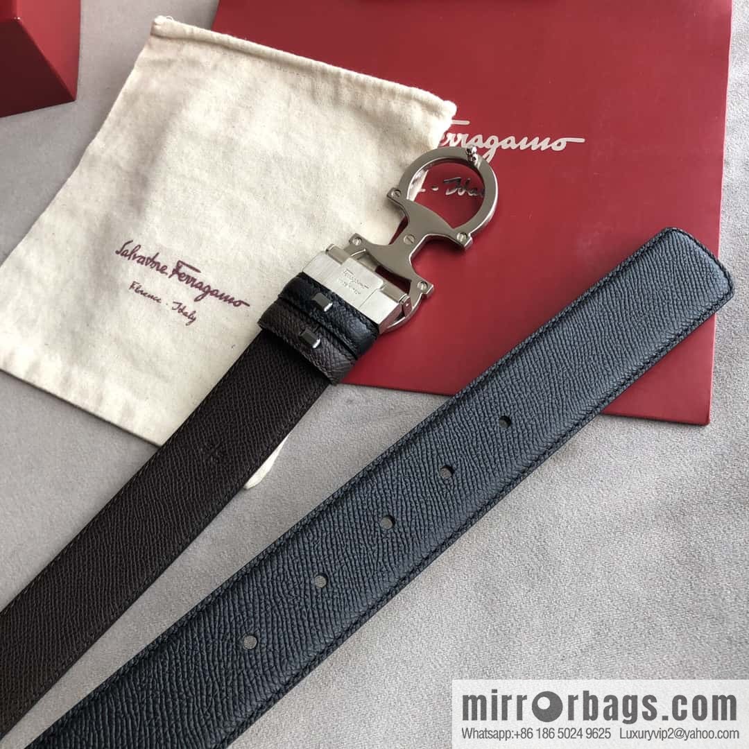 Ferragamo Ferragamo, double-loop acrylic metal buckle, cross-textured double-sided belt 3.5cm