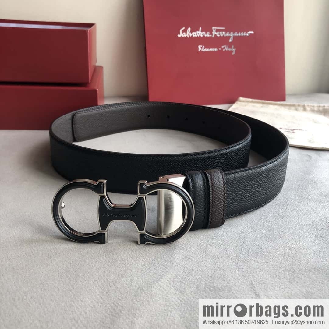 Ferragamo Ferragamo, double-loop acrylic metal buckle, cross-textured double-sided belt 3.5cm