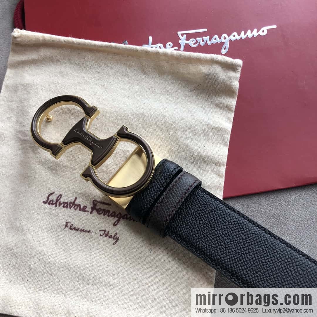 Ferragamo Ferragamo, double-loop acrylic metal buckle, cross-textured double-sided belt 3.5cm