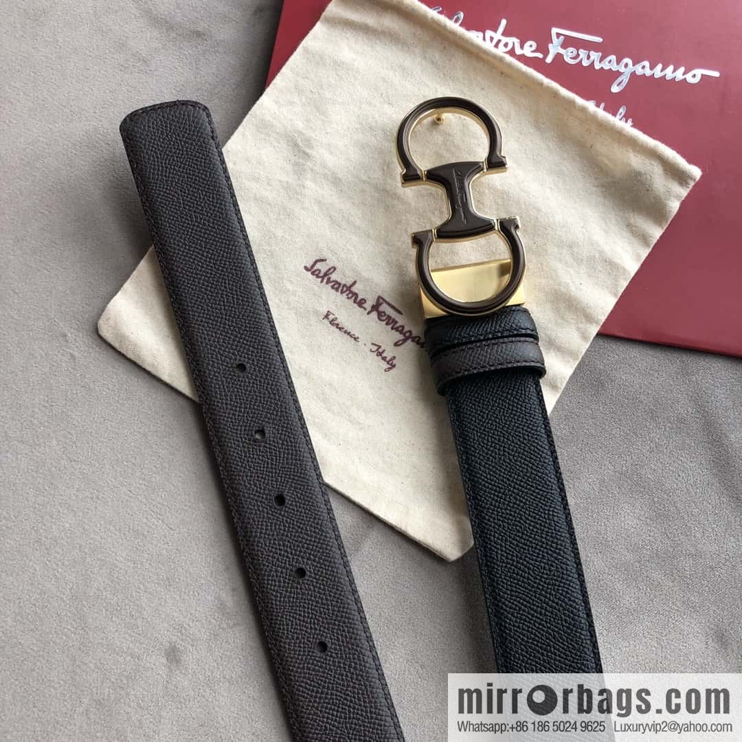 Ferragamo Ferragamo, double-loop acrylic metal buckle, cross-textured double-sided belt 3.5cm