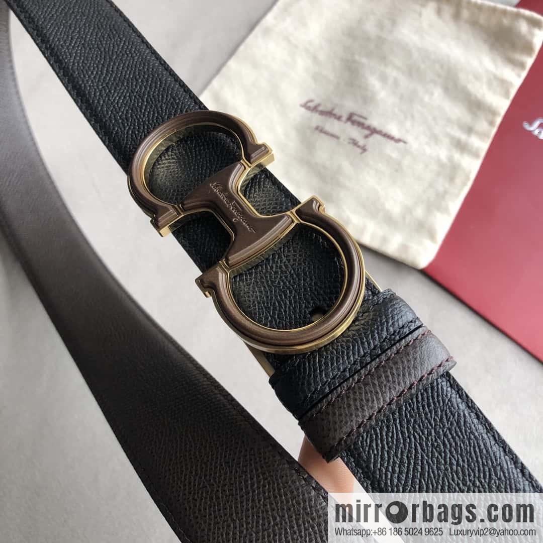 Ferragamo Ferragamo, double-loop acrylic metal buckle, cross-textured double-sided belt 3.5cm