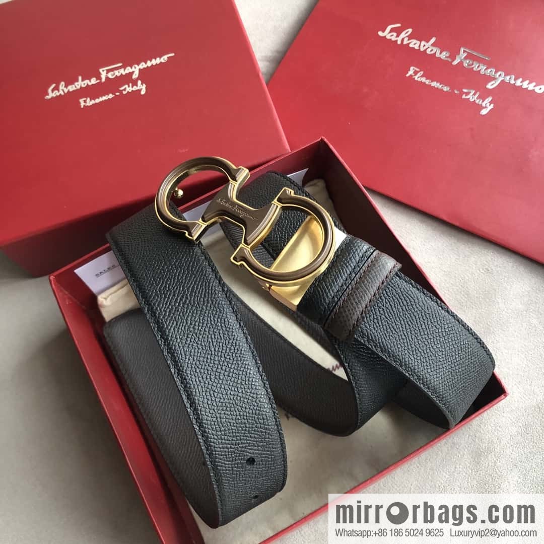 Ferragamo Ferragamo, double-loop acrylic metal buckle, cross-textured double-sided belt 3.5cm