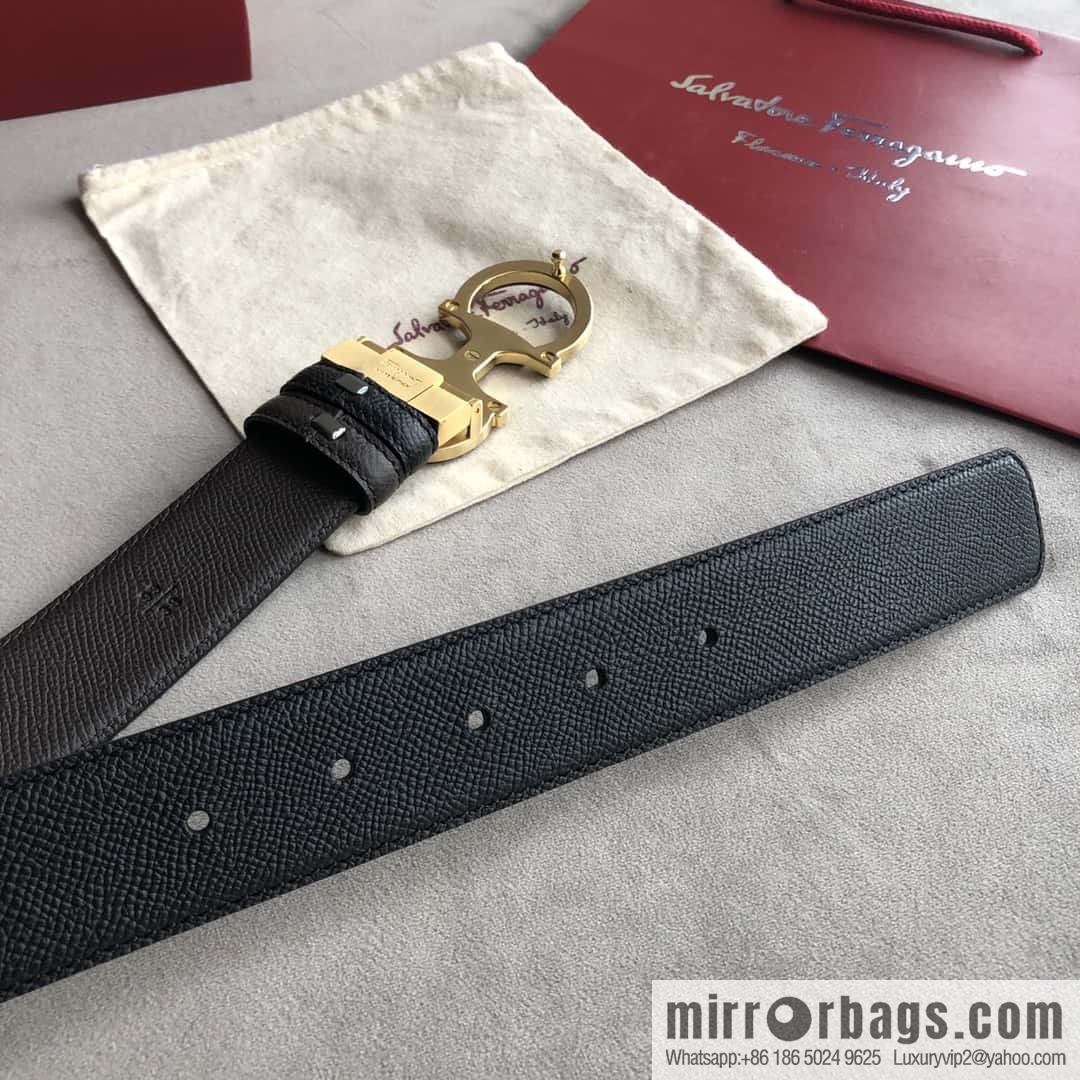 Ferragamo Ferragamo, double-loop acrylic metal buckle, cross-textured double-sided belt 3.5cm