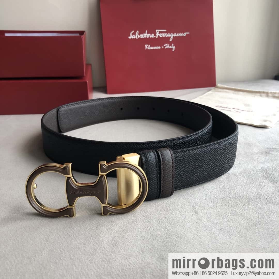 Ferragamo Ferragamo, double-loop acrylic metal buckle, cross-textured double-sided belt 3.5cm