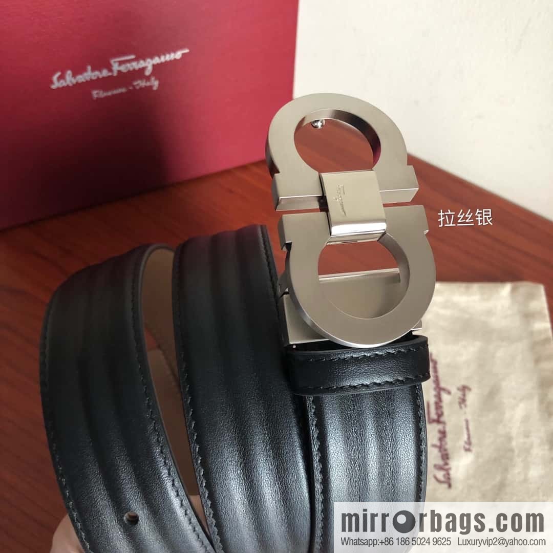 Ferragamo Ferragamo Metal Double Ring Buckle, Double Sided Cowhide Wave Textured Belt 3.5cm