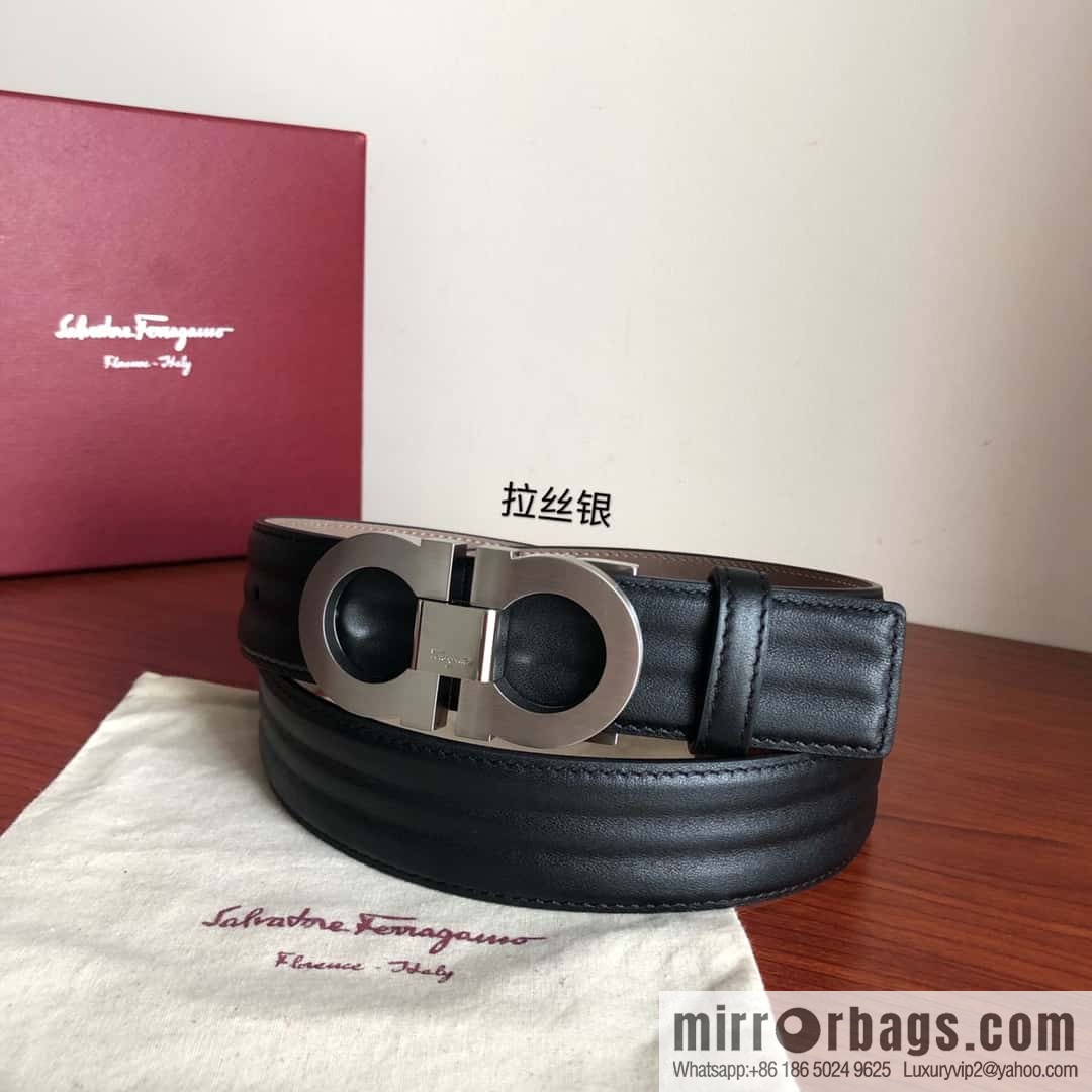 Ferragamo Ferragamo Metal Double Ring Buckle, Double Sided Cowhide Wave Textured Belt 3.5cm