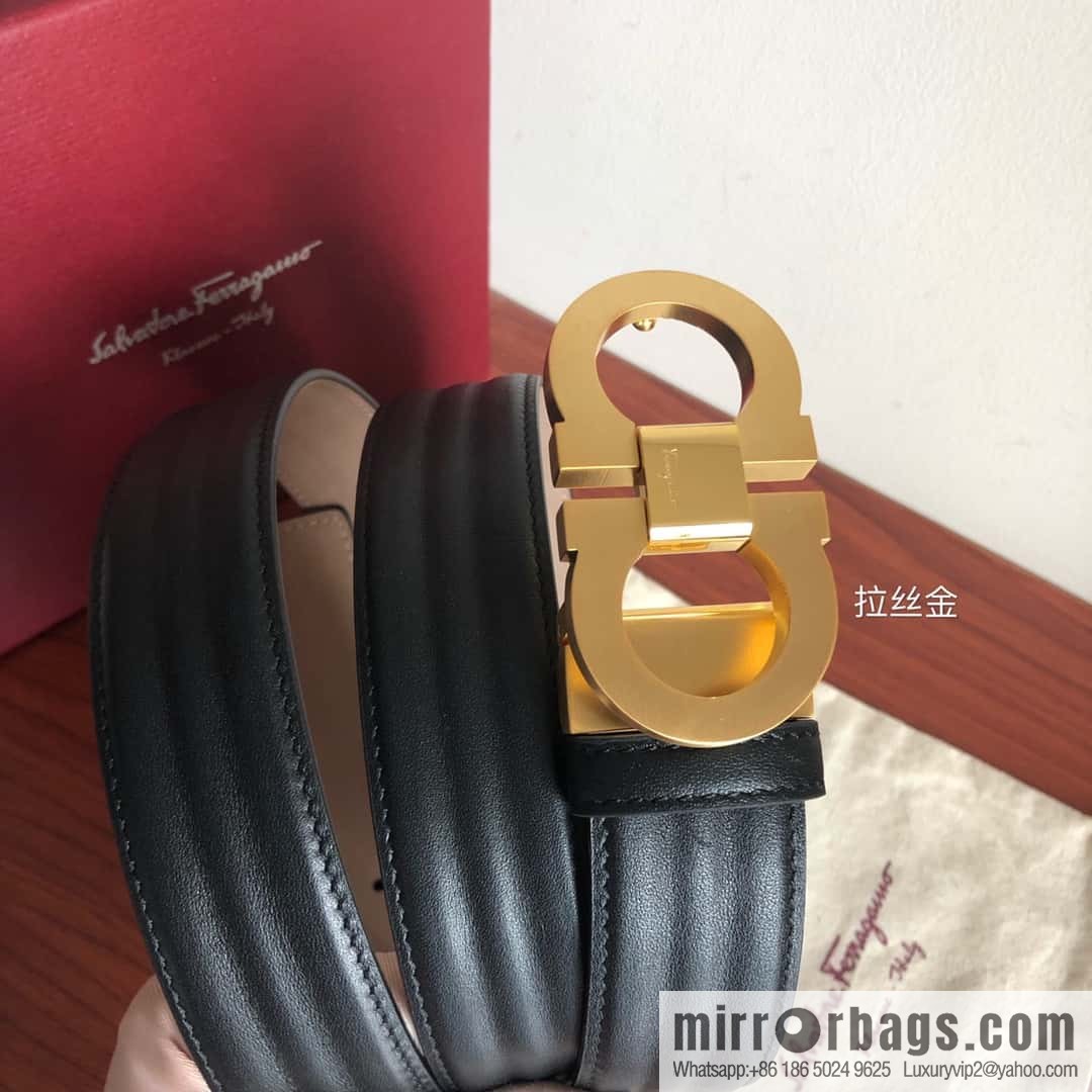 Ferragamo Ferragamo Metal Double Ring Buckle, Double Sided Cowhide Wave Textured Belt 3.5cm