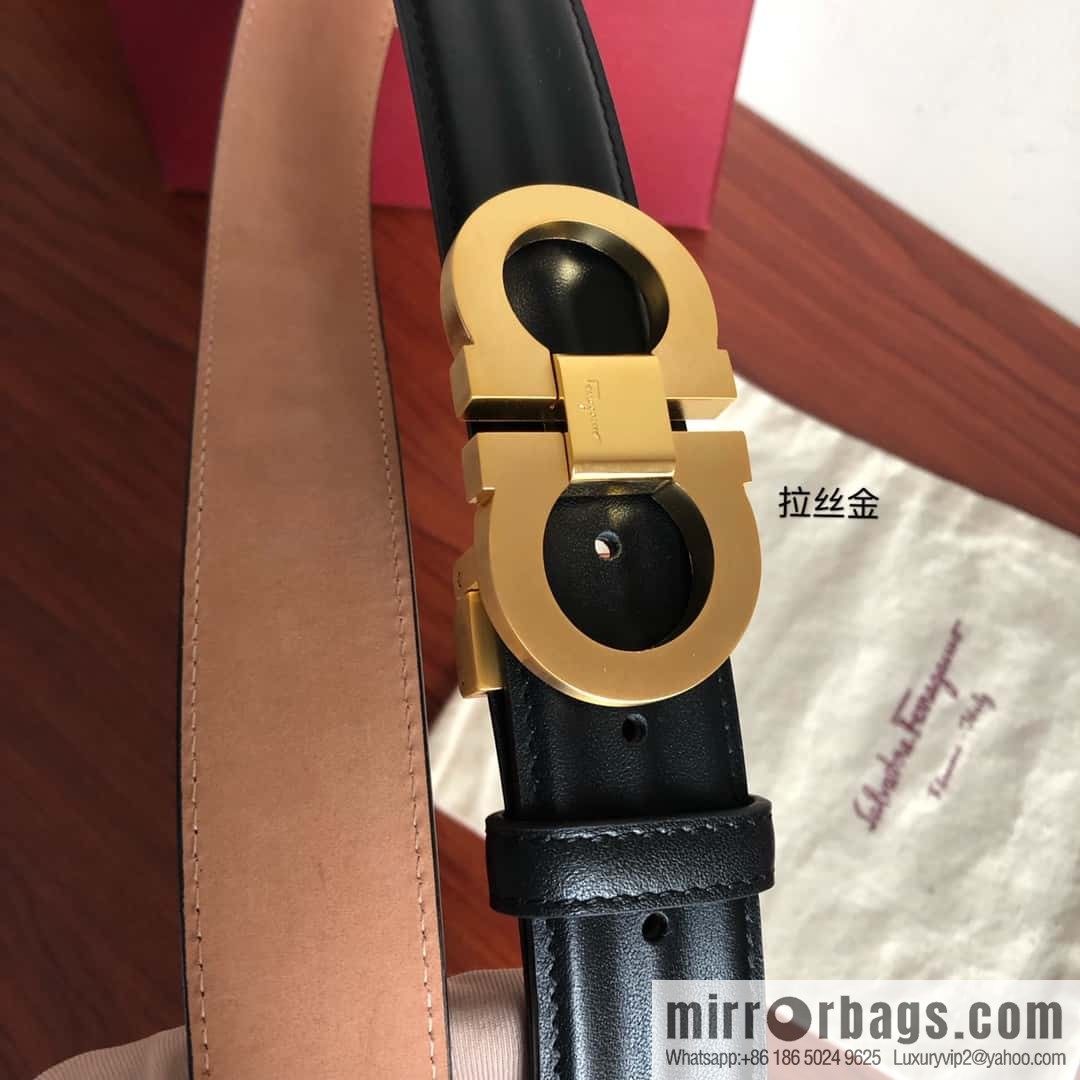 Ferragamo Ferragamo Metal Double Ring Buckle, Double Sided Cowhide Wave Textured Belt 3.5cm