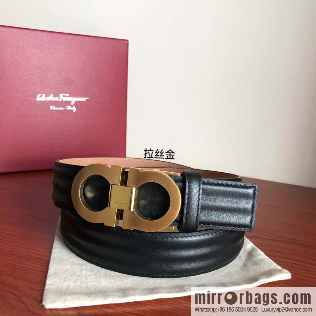 Ferragamo Ferragamo Metal Double Ring Buckle, Double Sided Cowhide Wave Textured Belt 3.5cm
