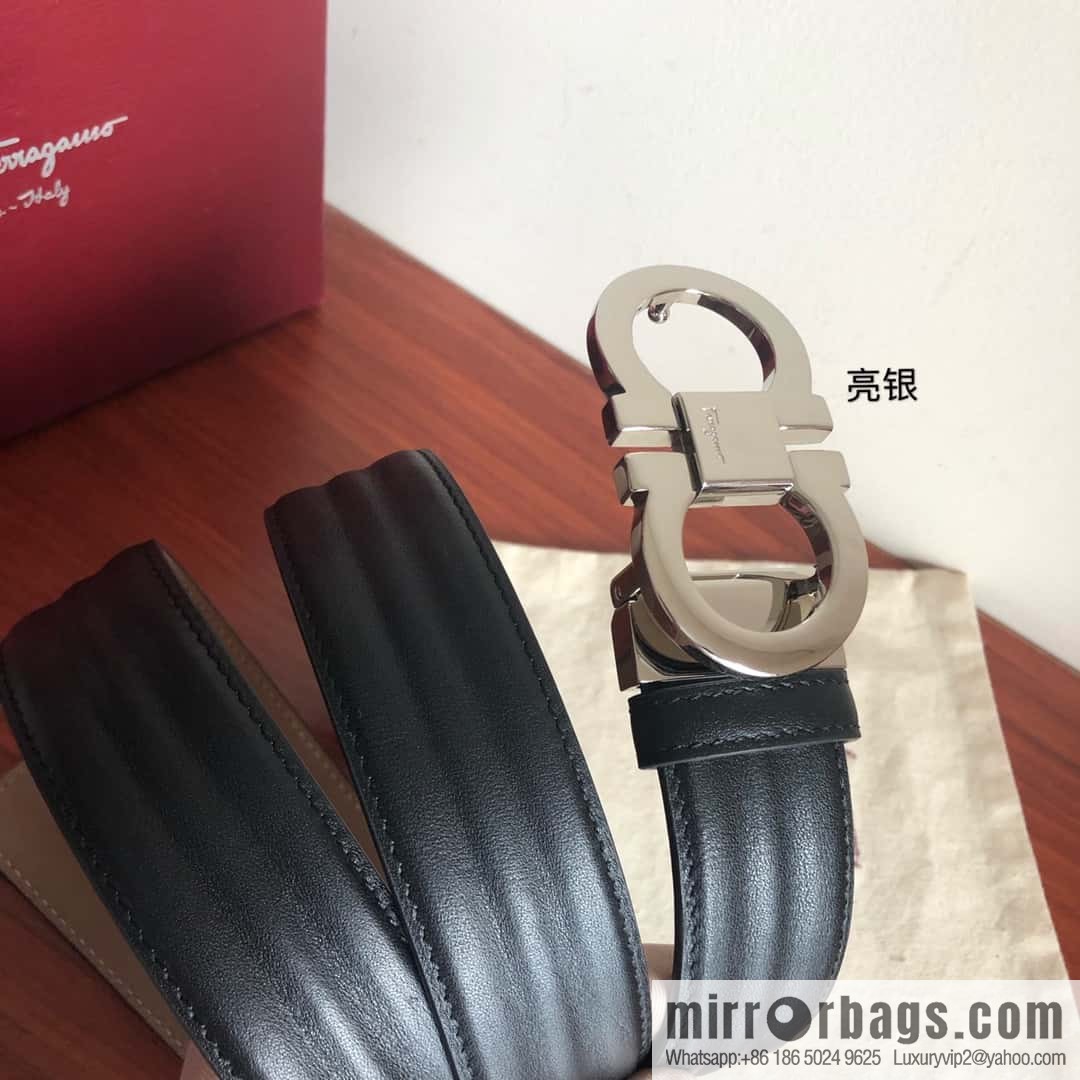 Ferragamo Ferragamo Metal Double Ring Buckle, Double Sided Cowhide Wave Textured Belt 3.5cm