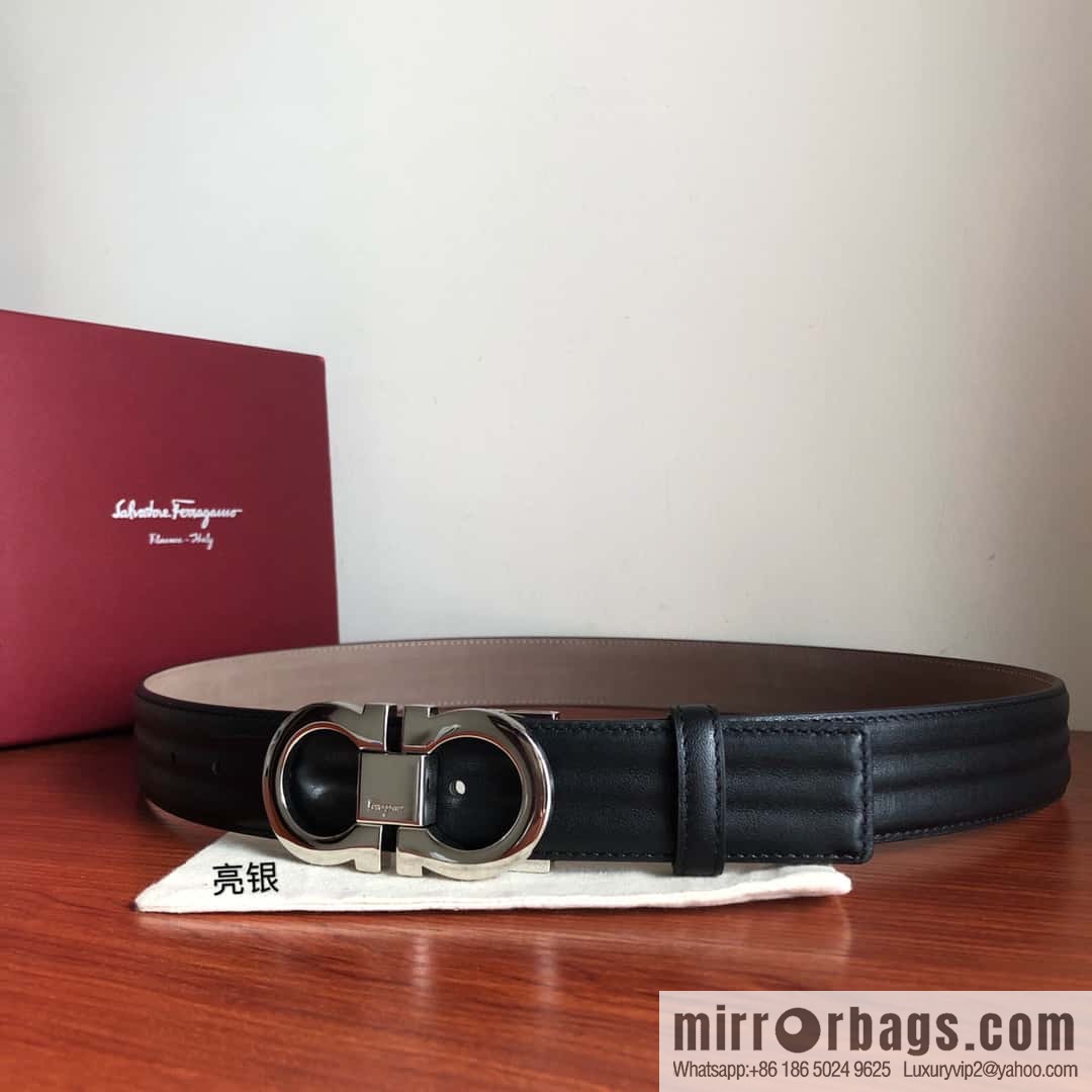 Ferragamo Ferragamo Metal Double Ring Buckle, Double Sided Cowhide Wave Textured Belt 3.5cm