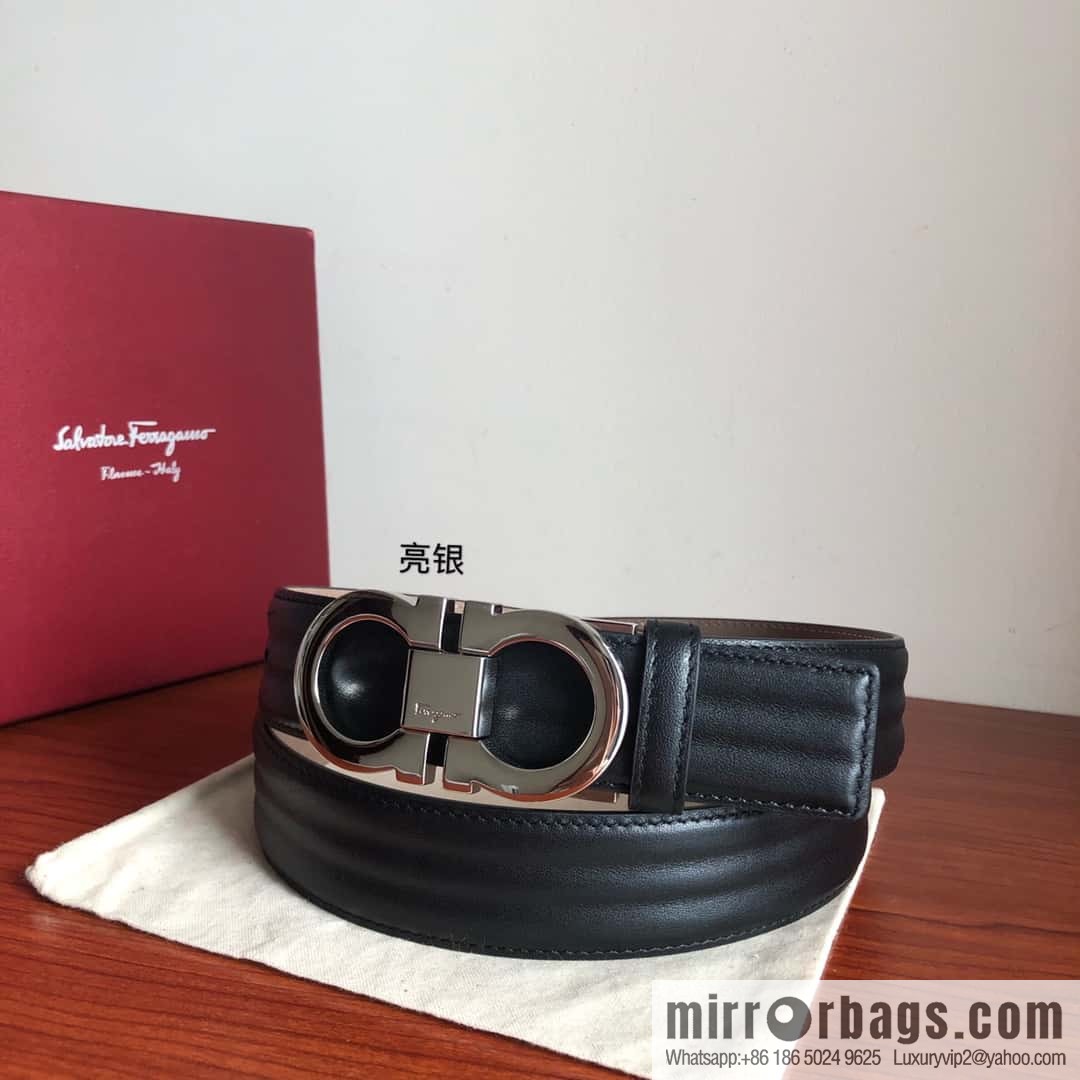 Ferragamo Ferragamo Metal Double Ring Buckle, Double Sided Cowhide Wave Textured Belt 3.5cm