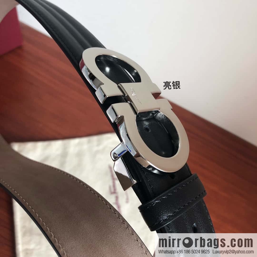 Ferragamo Ferragamo Metal Double Ring Buckle, Double Sided Cowhide Wave Textured Belt 3.5cm