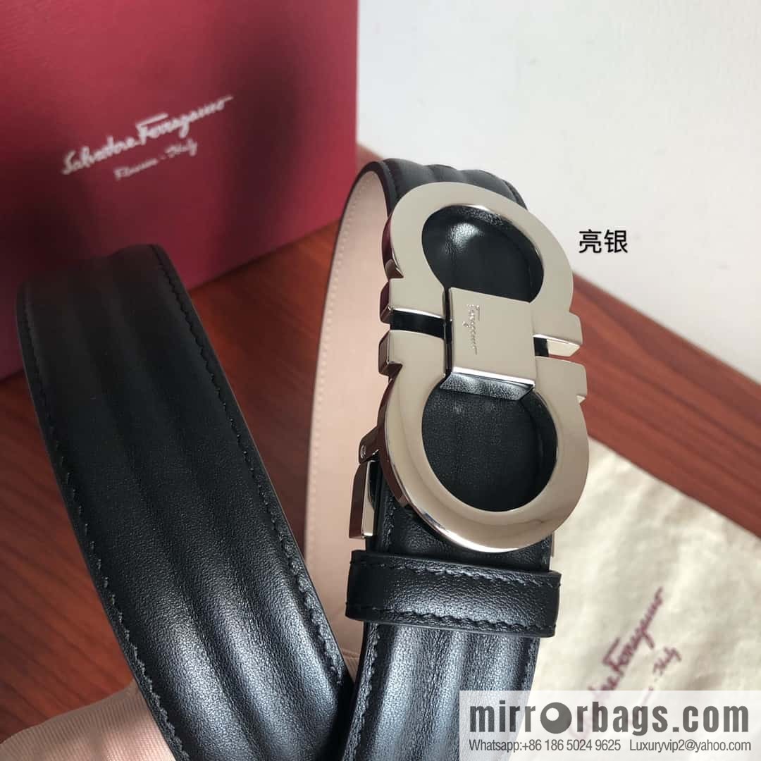Ferragamo Ferragamo Metal Double Ring Buckle, Double Sided Cowhide Wave Textured Belt 3.5cm