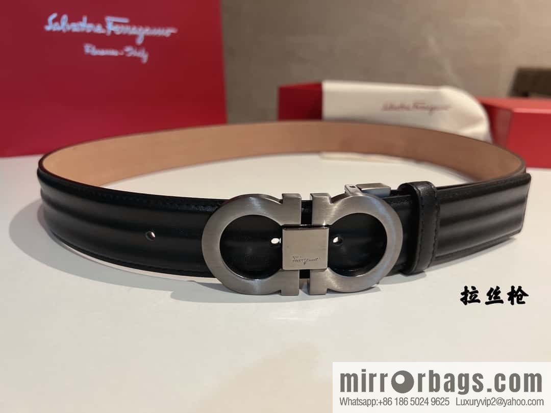 Ferragamo Ferragamo Metal Double Ring Buckle, Double Sided Cowhide Wave Textured Belt 3.5cm