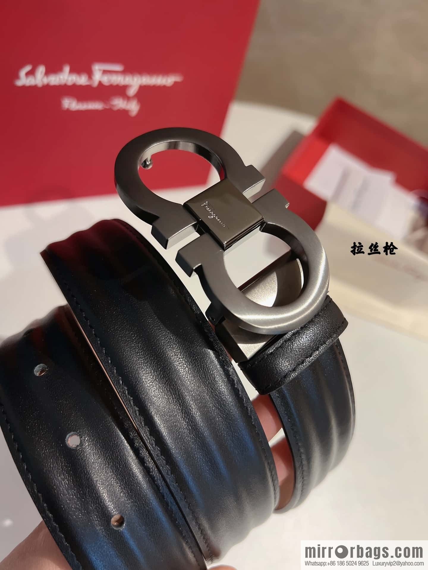 Ferragamo Ferragamo Metal Double Ring Buckle, Double Sided Cowhide Wave Textured Belt 3.5cm