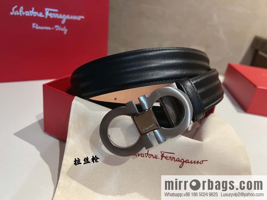Ferragamo Ferragamo Metal Double Ring Buckle, Double Sided Cowhide Wave Textured Belt 3.5cm