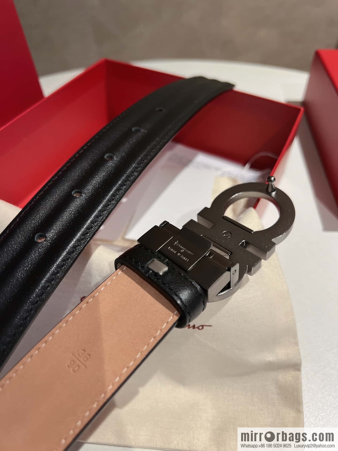 Ferragamo Ferragamo Metal Double Ring Buckle, Double Sided Cowhide Wave Textured Belt 3.5cm