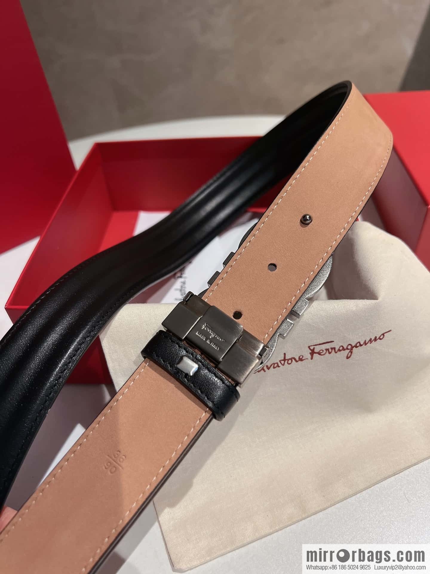 Ferragamo Ferragamo Metal Double Ring Buckle, Double Sided Cowhide Wave Textured Belt 3.5cm