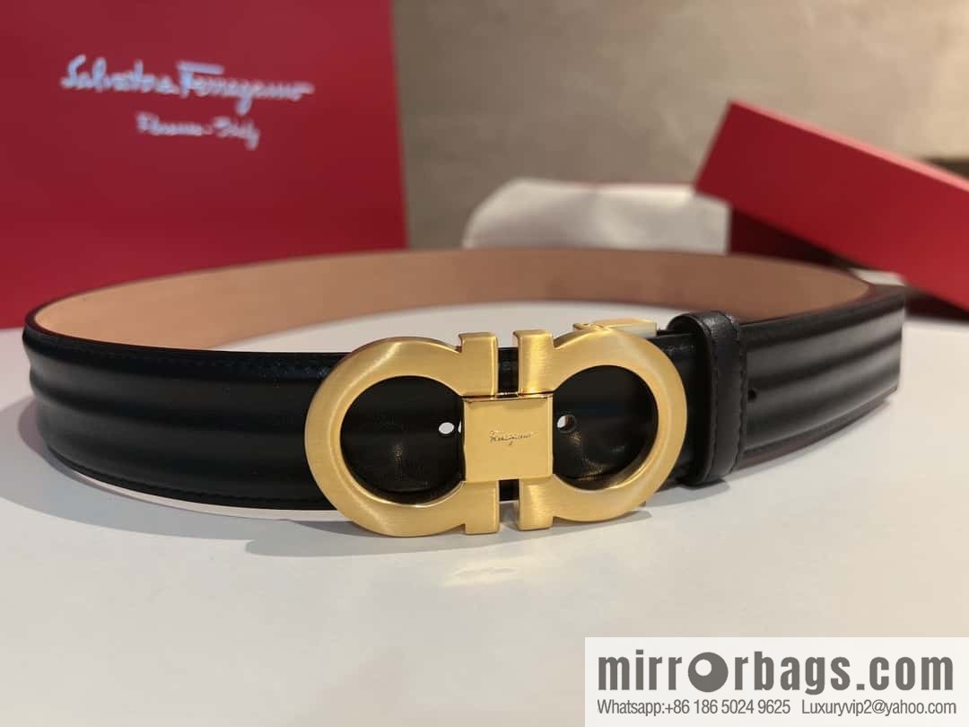 Ferragamo Ferragamo Metal Double Ring Buckle, Double Sided Cowhide Wave Textured Belt 3.5cm