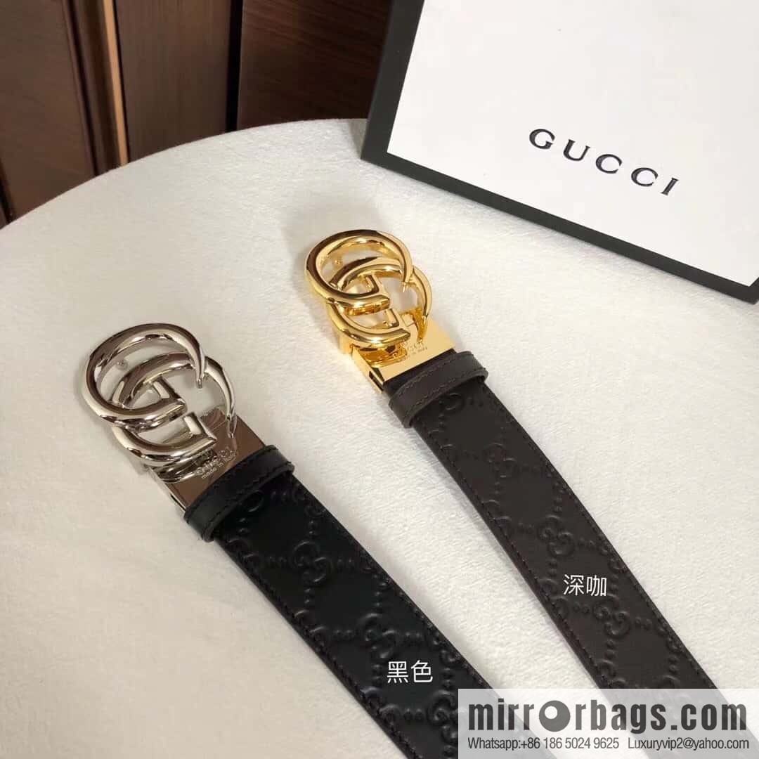 GUCCI double G rotating metal buckle, cowhide embossed belt 3.6cm