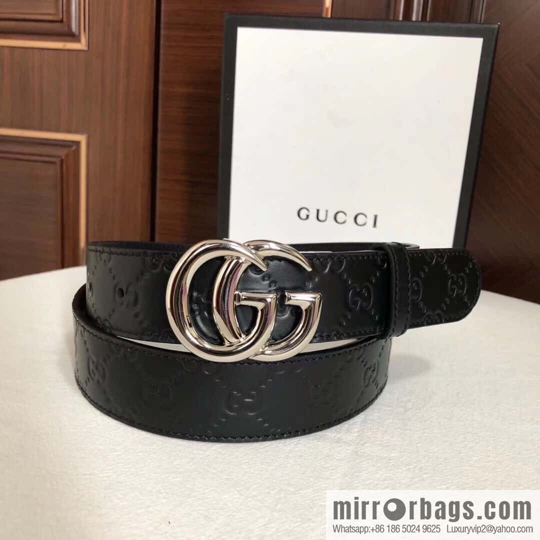 GUCCI double G rotating metal buckle, cowhide embossed belt 3.6cm