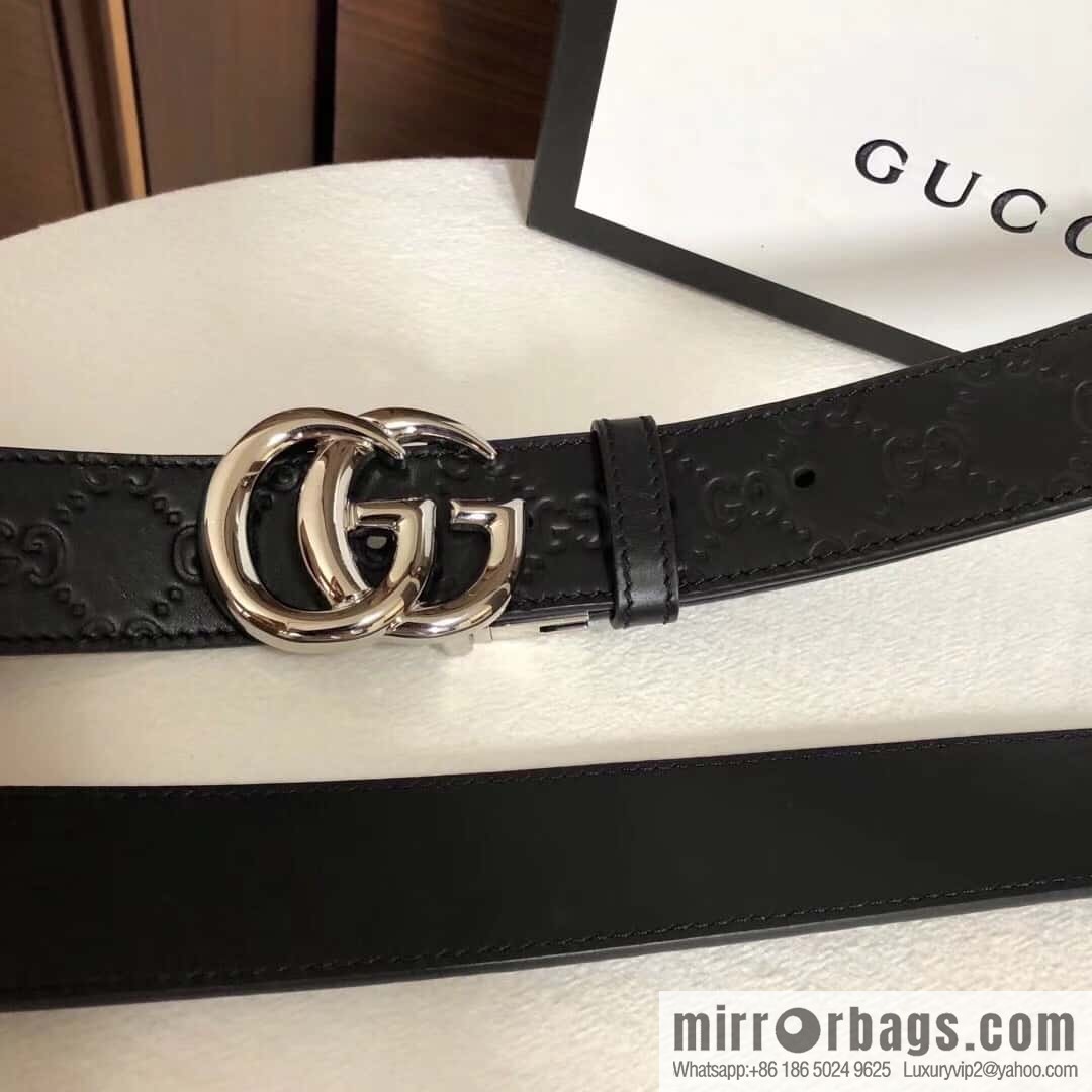 GUCCI double G rotating metal buckle, cowhide embossed belt 3.6cm