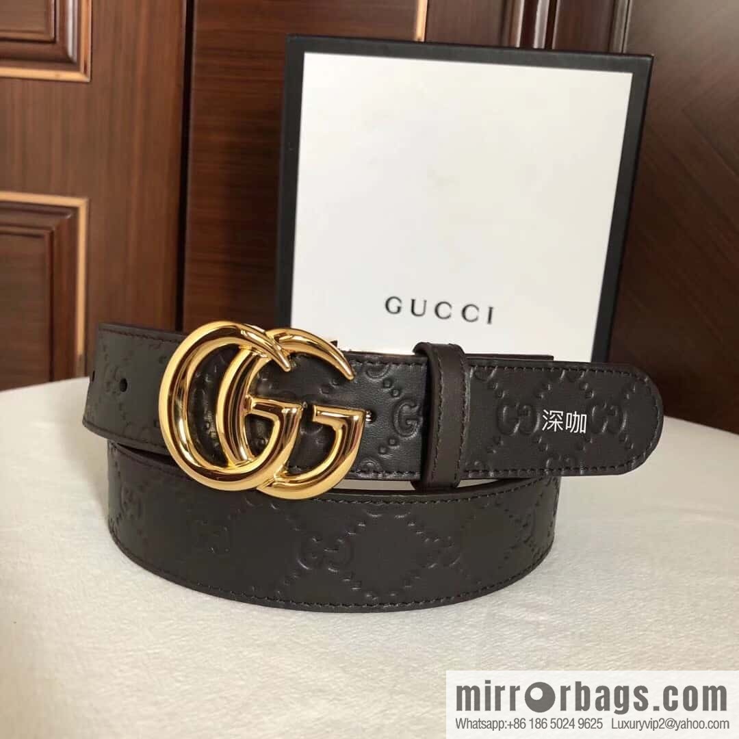 GUCCI double G rotating metal buckle, cowhide embossed belt 3.6cm