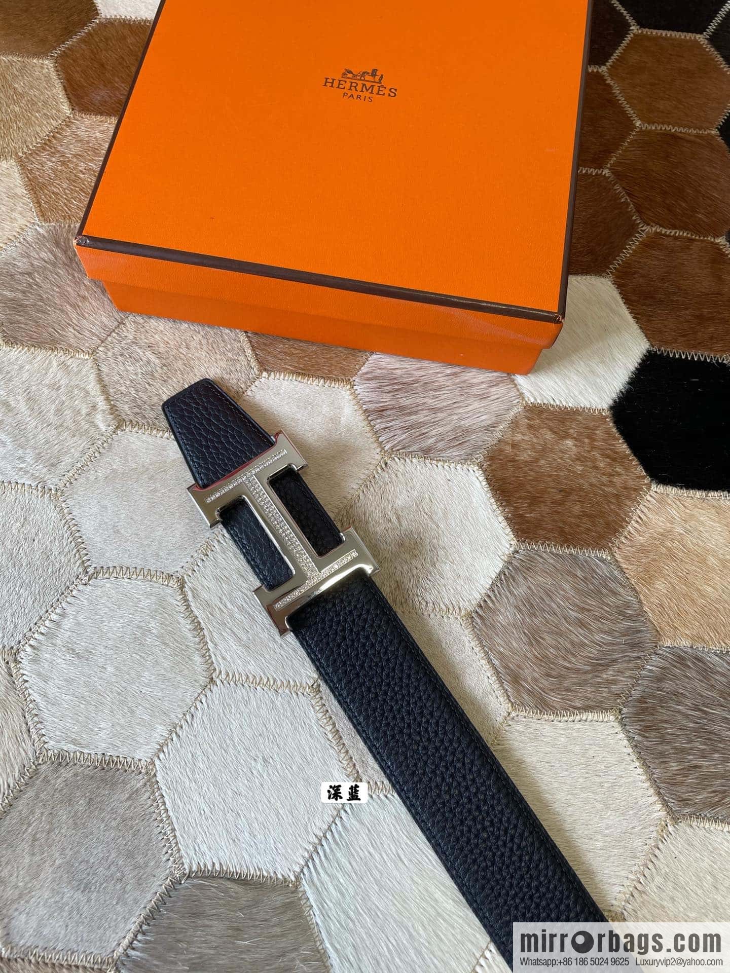 HERMES, stainless steel H single row drill, original leather lychee belt 3.8cm