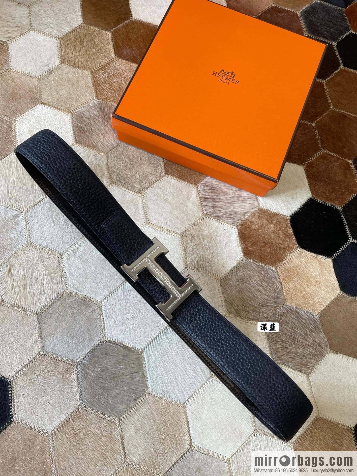 HERMES, stainless steel H single row drill, original leather lychee belt 3.8cm